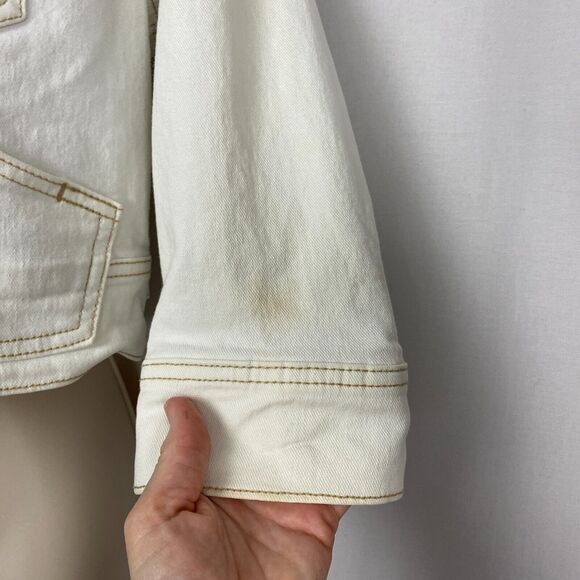 Vtg Levi’s Cropped Jean Jacket Womens Medium Beige Stretch Denim Trucker Y2K - Picture 12 of 16